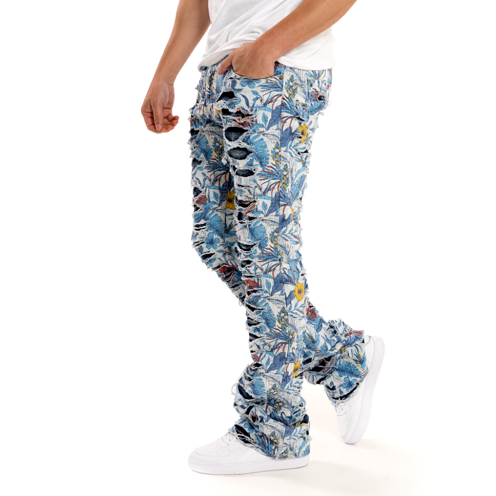 COPPER RIVET LAYERED STACKED JEANS (WHITE FLORAL) – Cosmos