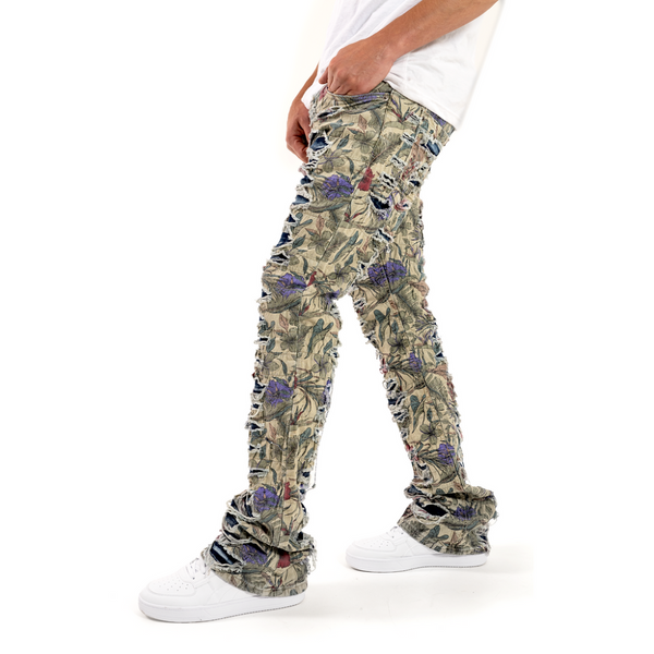 COPPER RIVET LAYERED STACKED JEANS (KHAKI PRINT)