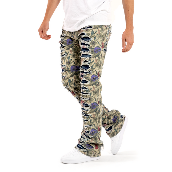 COPPER RIVET LAYERED STACKED JEANS (KHAKI PRINT)