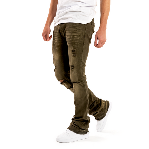 COPPER RIVET DISTRESS STACKED DENIM (OLIVE)
