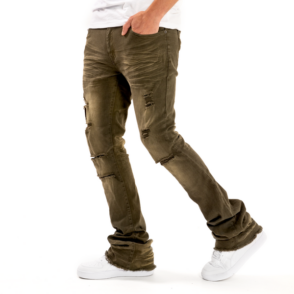 COPPER RIVET DISTRESS STACKED DENIM (OLIVE)
