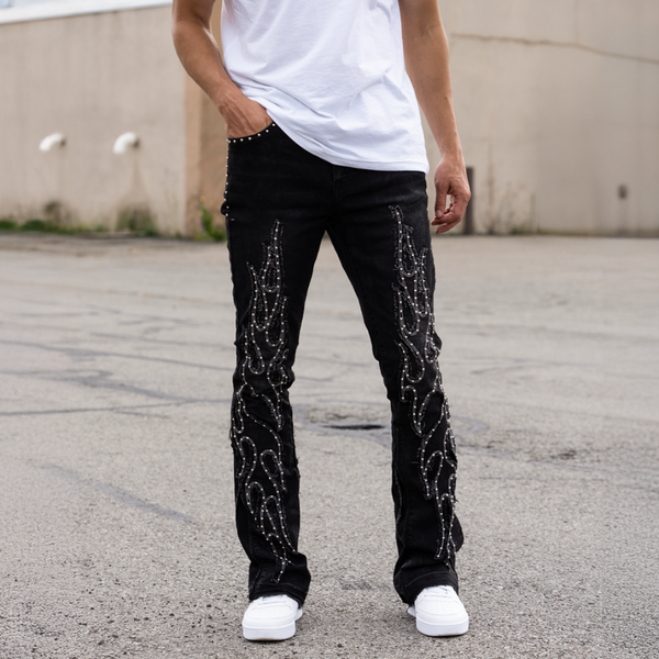 FIRST ROW STUDDED STACKED BLACK FLAMES DENIM