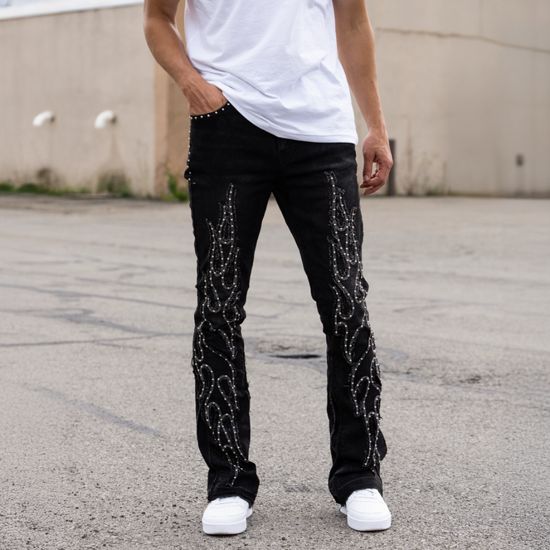 FIRST ROW STUDDED STACKED BLACK FLAMES DENIM