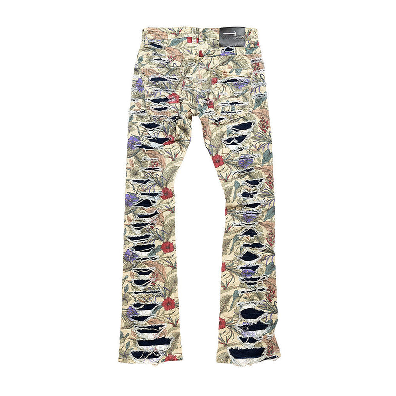 COPPER RIVET LAYERED STACKED JEANS (KHAKI PRINT)