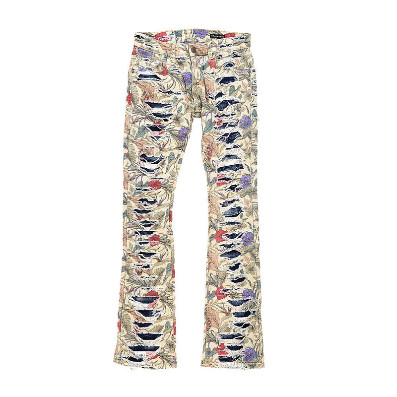 COPPER RIVET LAYERED STACKED JEANS (KHAKI PRINT)