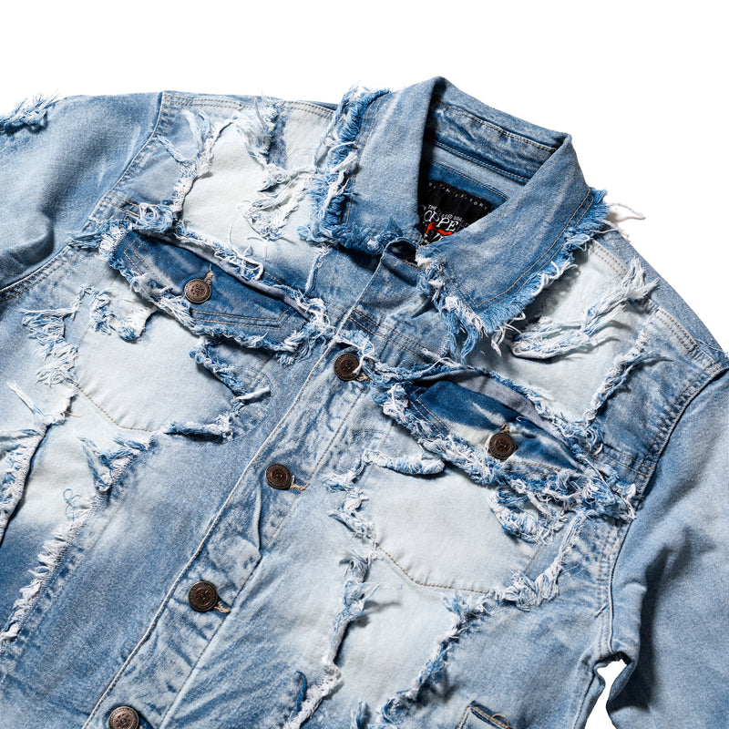 COPPER RIVET FRAY TRIM DENIM JACKET (LIGHT BLUE)