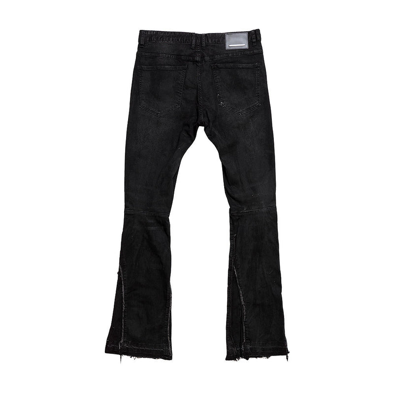 FIRST ROW STUDDED STACKED BLACK FLAMES DENIM