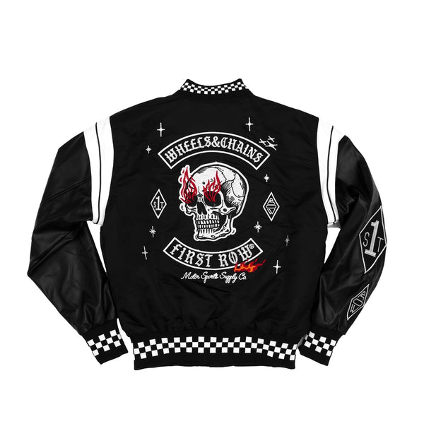 FIRST ROW WHEELS & CHAINS VARSITY JACKET (BLACK/WHITE)