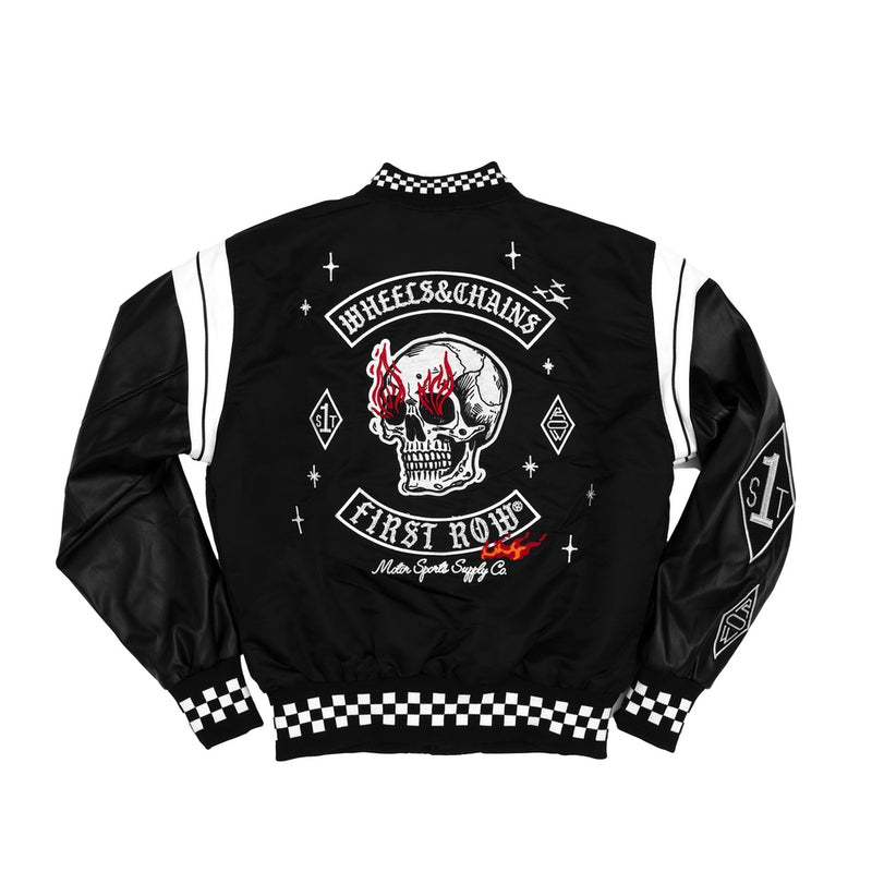 FIRST ROW WHEELS & CHAINS VARSITY JACKET (BLACK/WHITE)