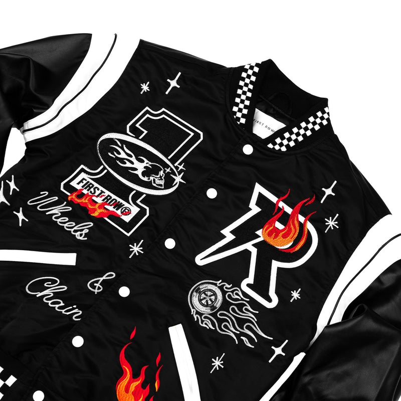 FIRST ROW WHEELS & CHAINS VARSITY JACKET (BLACK/WHITE)