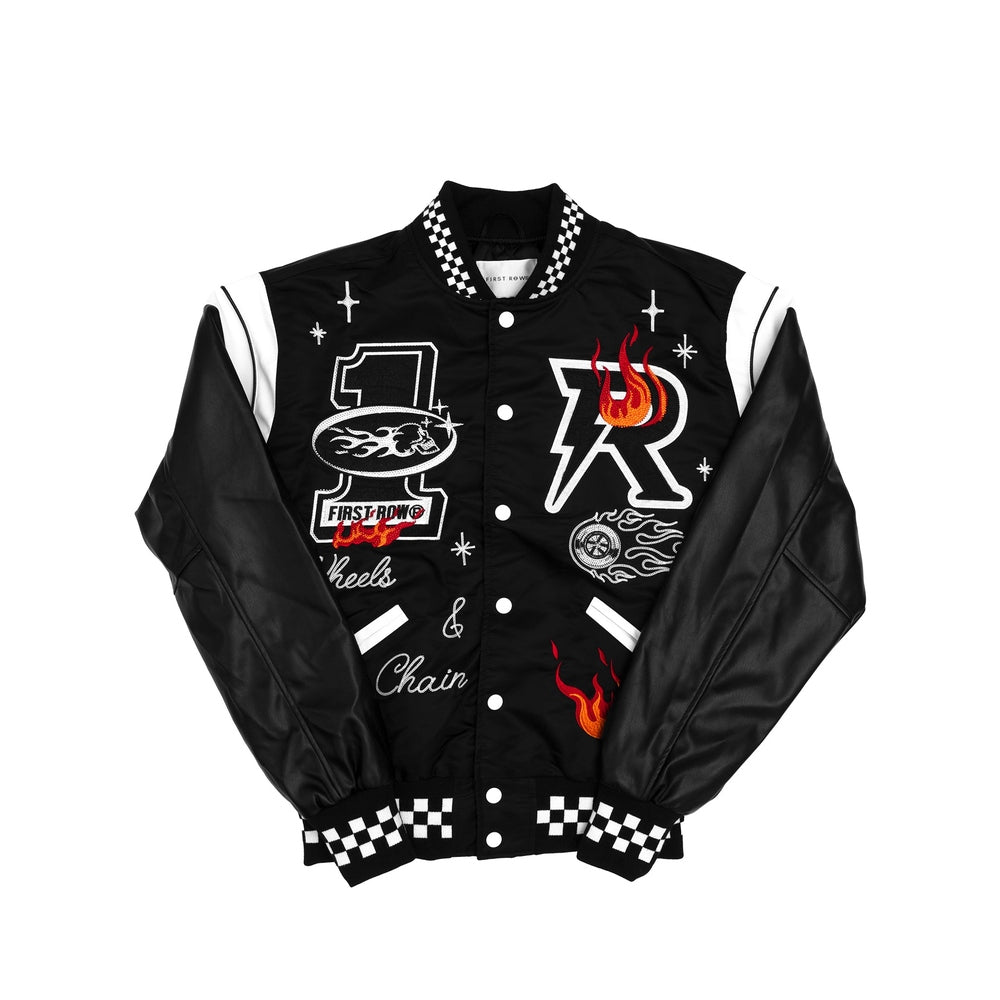 FIRST ROW WHEELS & CHAINS VARSITY JACKET (BLACK/WHITE) – Cosmos