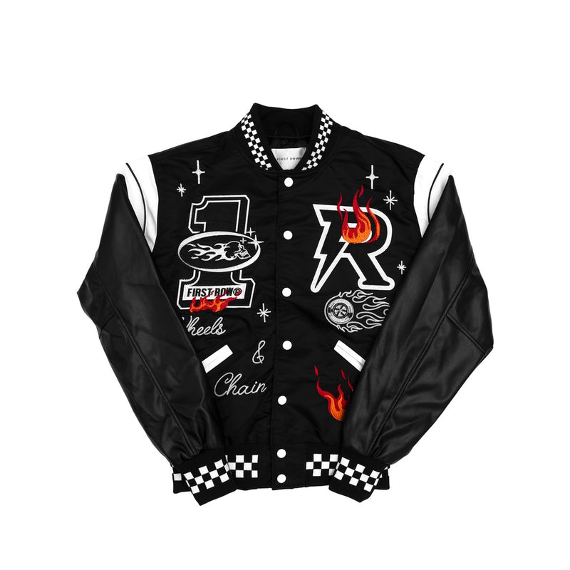 FIRST ROW WHEELS & CHAINS VARSITY JACKET (BLACK/WHITE)
