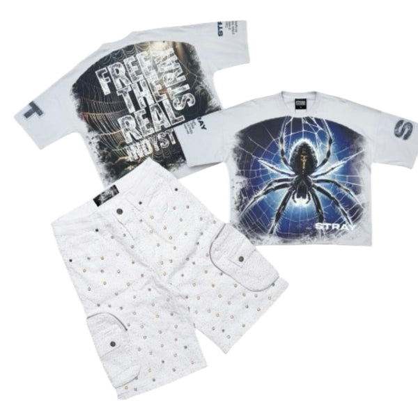 VICIOUS EMBELLISHED RHINESTONE SHORTS (PURE WHITE) W/STRAY TEE