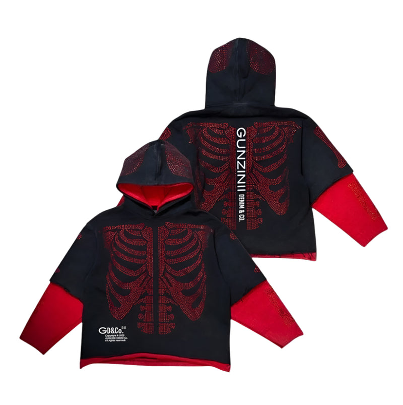 GUNZINII CROP STUDDED SKELETON HOODIE GZ524 (BLACK/RED)