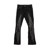 FIRST ROW STUDDED STACKED BLACK FLAMES DENIM