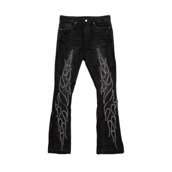 FIRST ROW STUDDED STACKED BLACK FLAMES DENIM
