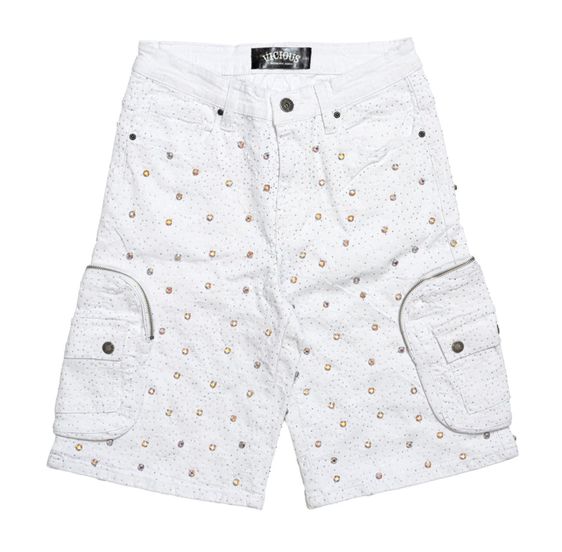 VICIOUS VC950 EMBELLISHED RHINESTONE SHORTS (PURE WHITE)