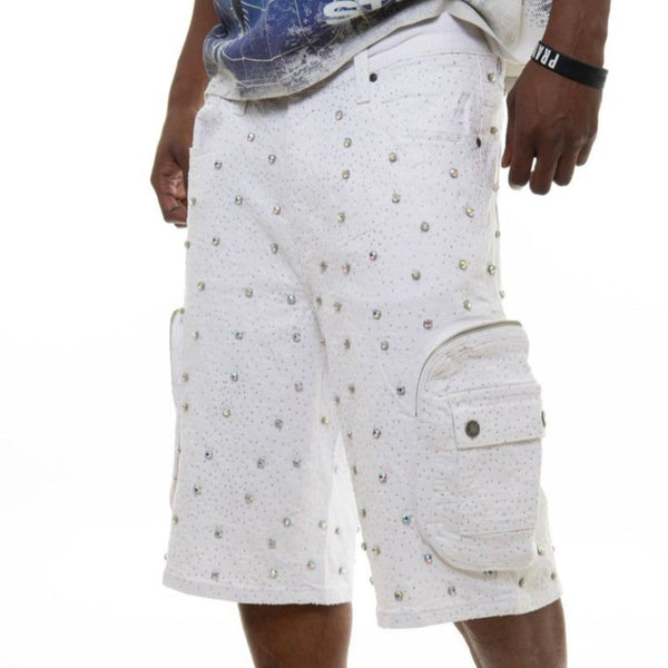 VICIOUS VC950 EMBELLISHED RHINESTONE SHORTS (PURE WHITE)