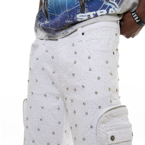 VICIOUS VC950 EMBELLISHED RHINESTONE SHORTS (PURE WHITE)