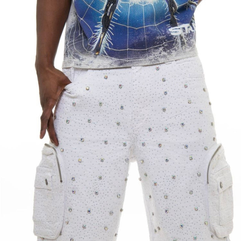 VICIOUS VC950 EMBELLISHED RHINESTONE SHORTS (PURE WHITE)