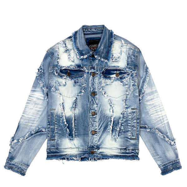 COPPER RIVET FRAY TRIM DENIM JACKET (LIGHT BLUE)
